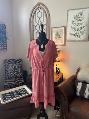 Dusty Rose Drawstring Midi Dress with V-Neck